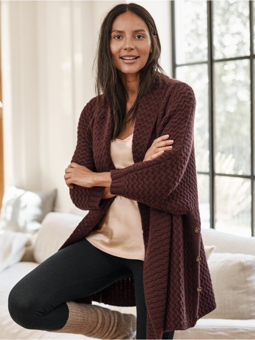 Garnet Hill Button-Detail Oversized Cashmere Coatigan Size Medium Burgundy